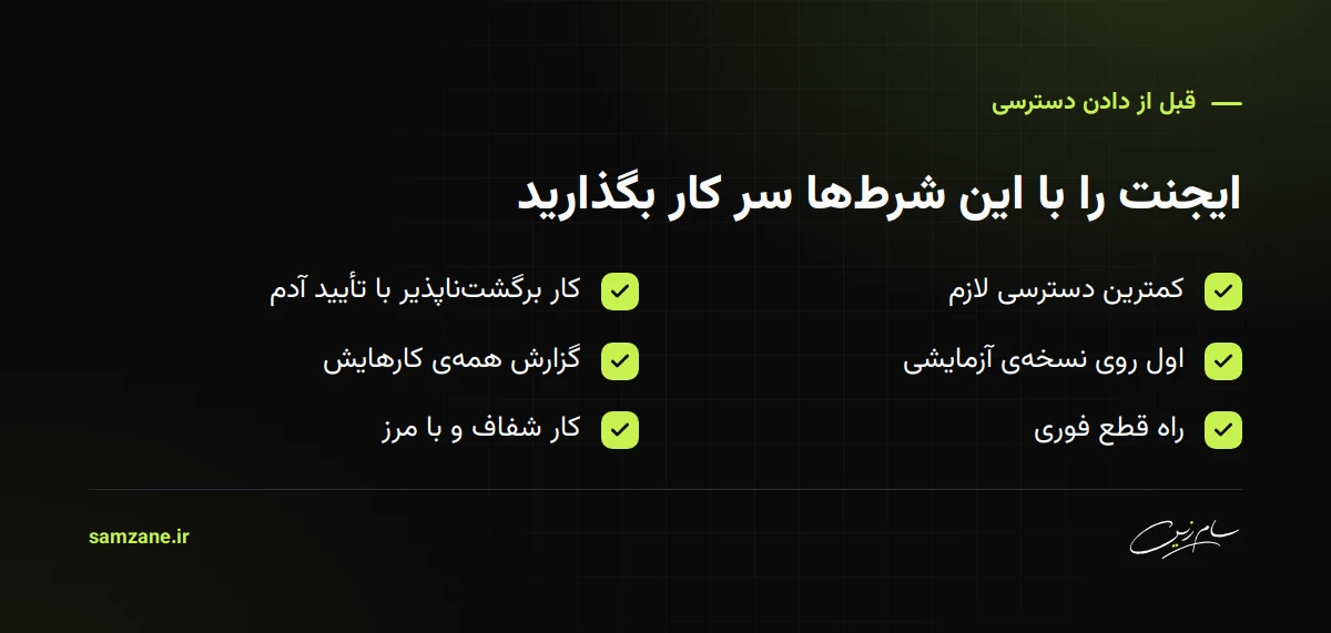 چک‌لیست قبل از دادن دسترسی به ایجنت: کمترین دسترسی لازم، تأیید آدم قبل از کار برگشت‌ناپذیر، اول روی نسخه‌ی آزمایشی، گزارش کارها، راه قطع فوری، کار شفاف و بدون ابهام